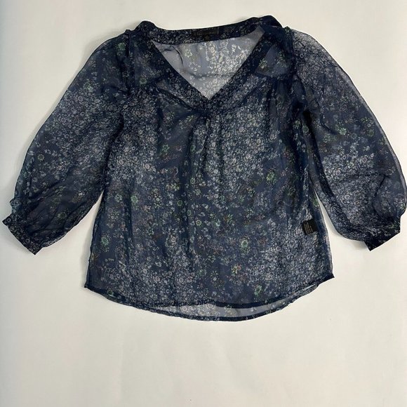 Lucca Couture Top Sheer Flowy Blouse Blue Floral Pattern 3/4 Sleeves Size Small - Picture 11 of 11